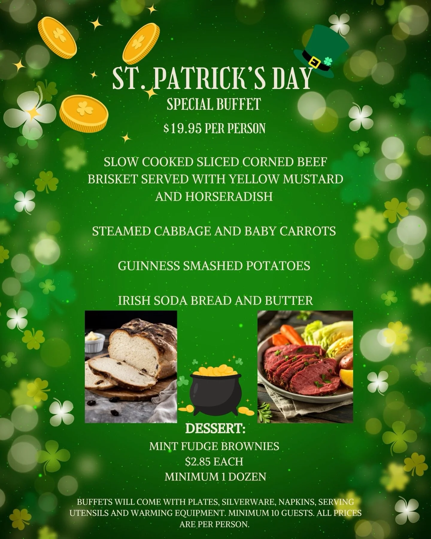 🍀🍀Celebrate St. Patrick&rsquo;s Day with us! 🍀🍀

Our festive special buffet features slow-cooked corned beef brisket with mustard &amp; horseradish, steamed cabbage and baby carrots, Guinness smashed potatoes, and fresh Irish soda bread &amp; but