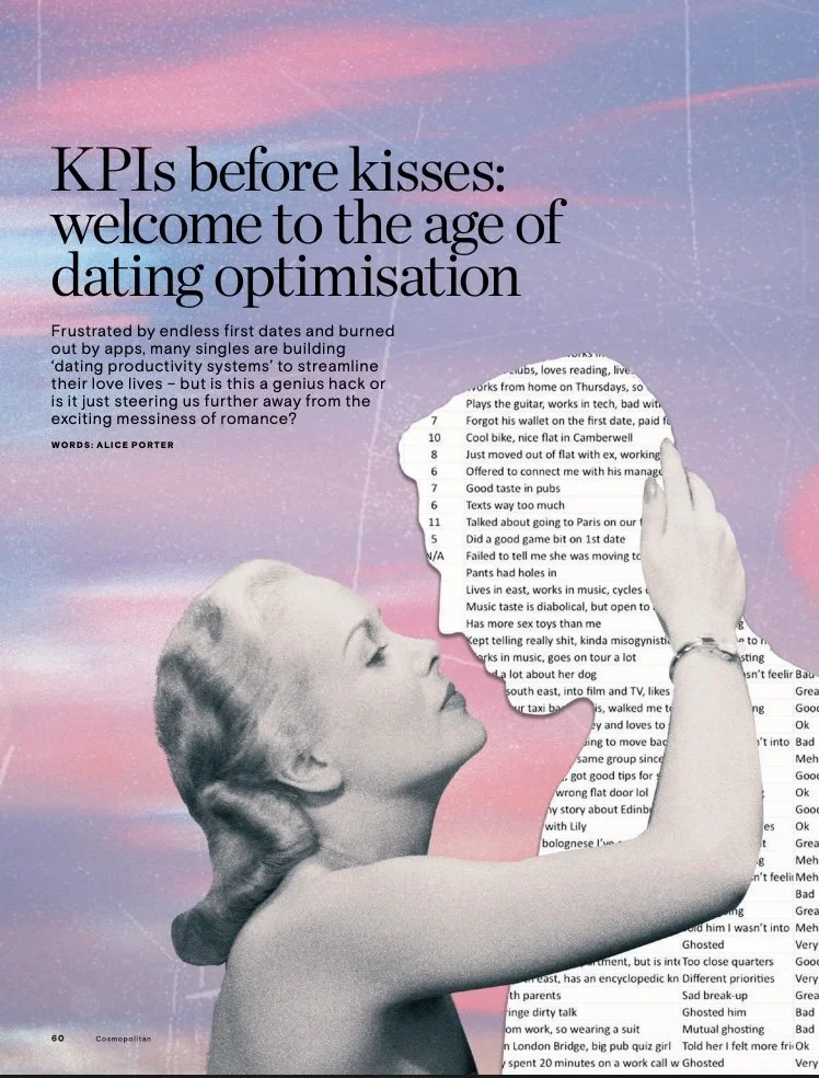 Woman with blonde hair taking a selfie with Cosmopolitan magazine.