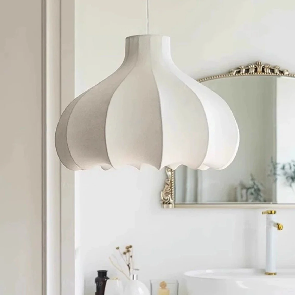 Textured synthetic silk panels of wabi sabi onion lamp, natural cream tone, soft finish