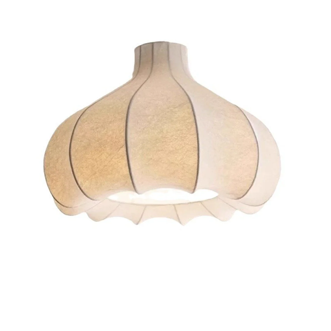 Wabi sabi onion dome pendant lamp, lobed silk panels, open base, wire frame, white background