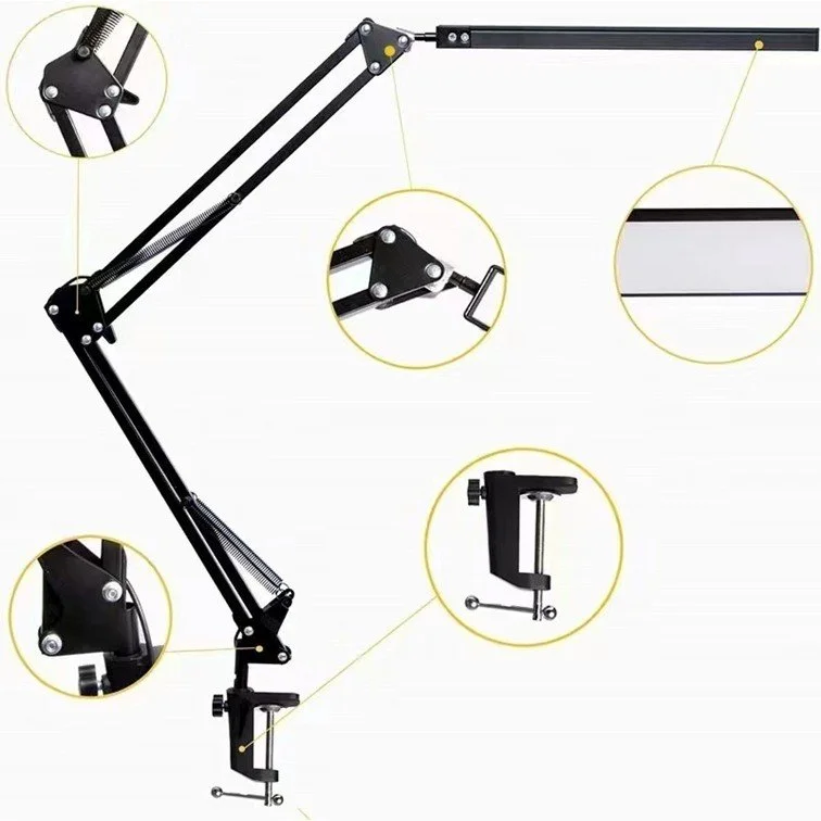 Black LED swing arm clamp desk lamp with USB cable and inline 4-button controller, white background
