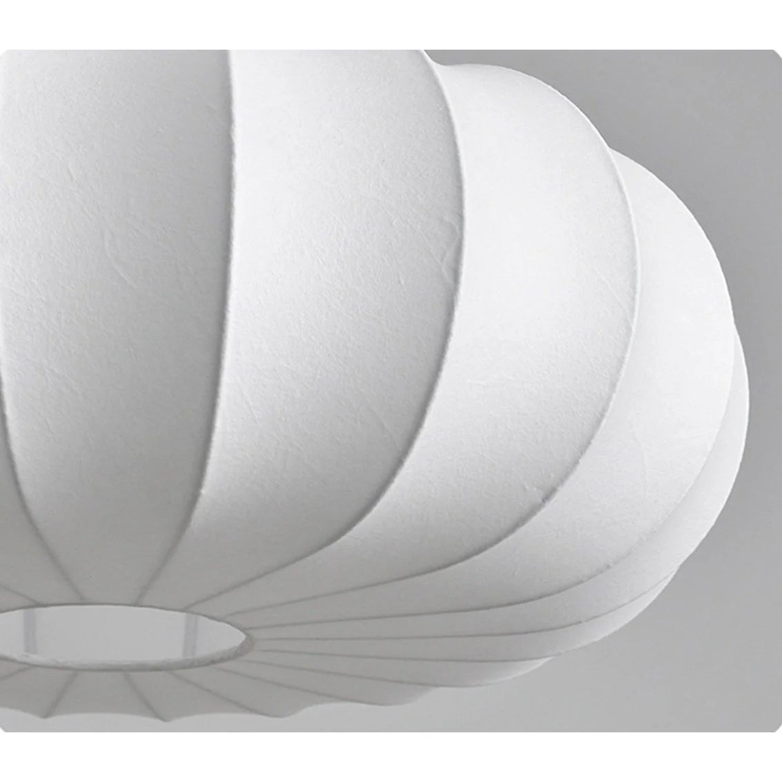 Wabi sabi pumpkin shaped ribbed silk pendant lamp, black rod, wire frame, white background