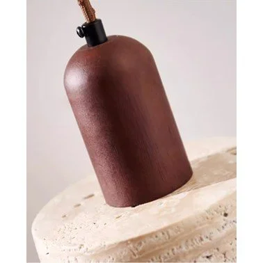 Walnut-look solid wood canopy with black fitting and braided twist cord on travertine pendant light