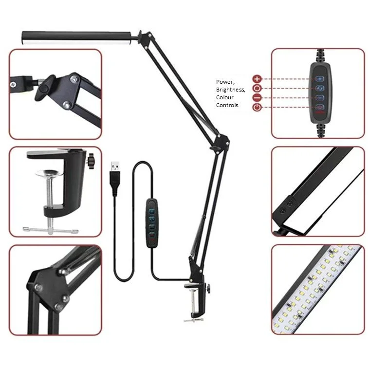 Black LED swing arm clamp desk lamp with USB cable and inline 4-button controller, white background