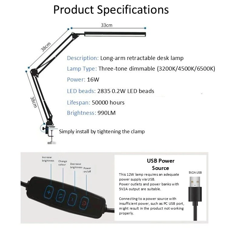 LED swing arm desk lamp product specifications — 16W, 990LM, 3200K 4500K 6500K, USB powered, 50000 hour lifespan