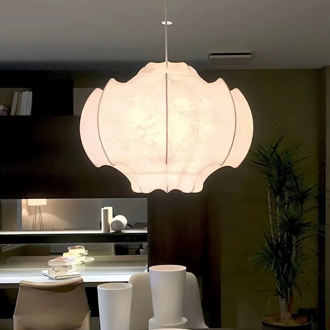 Wabi sabi bat shaped silk pendant lamp, scalloped edges, wire frame, black background