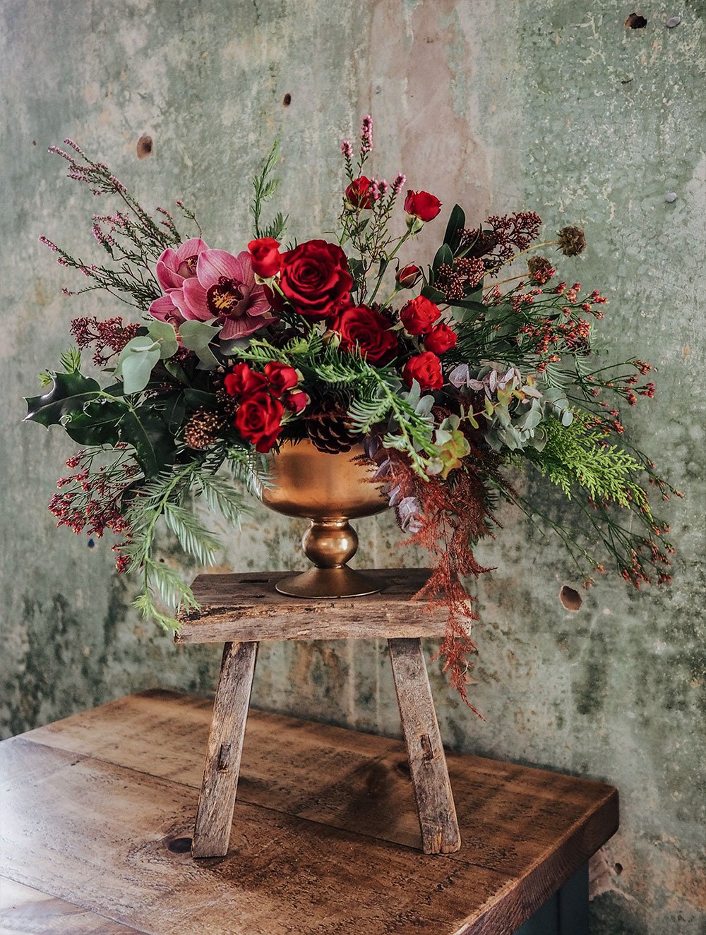 Luxury Christmas styling with festive wreaths, winter foliage and elegant seasonal décor in a country home