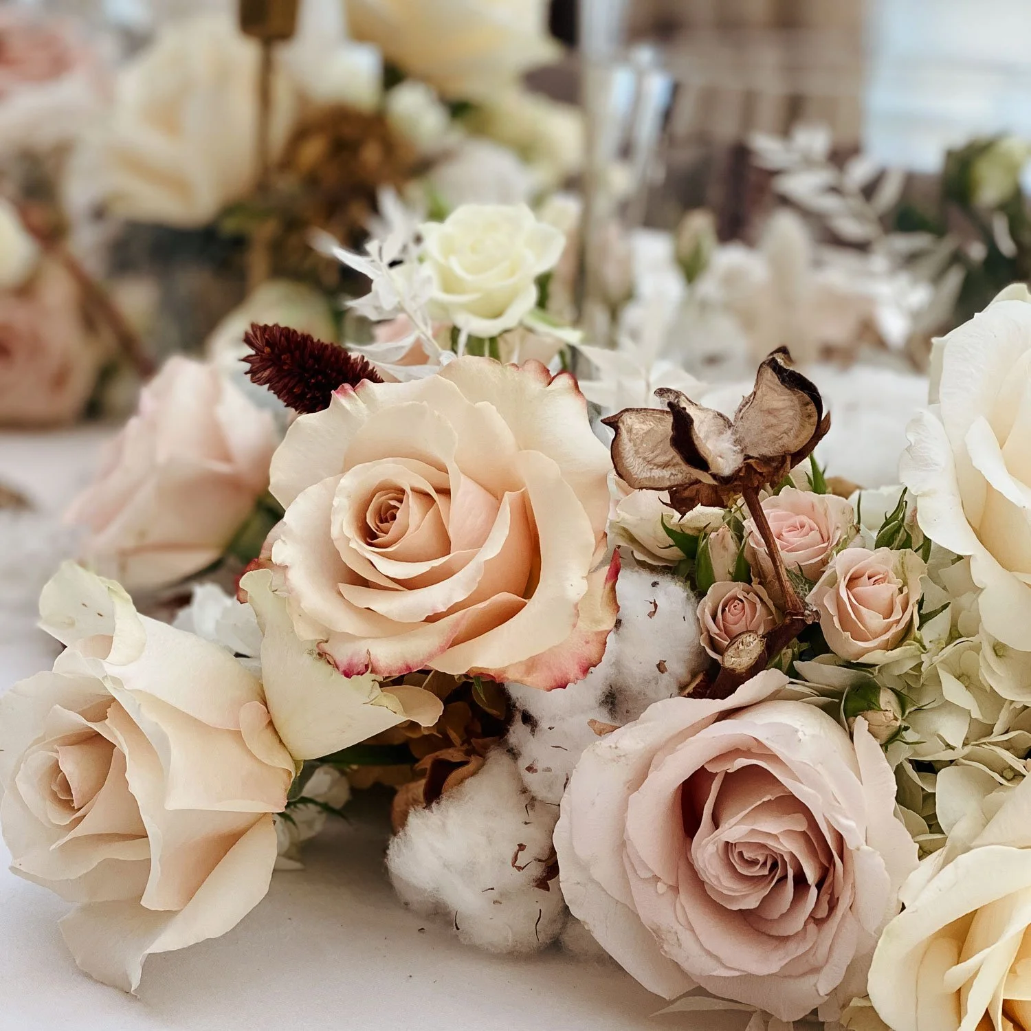 Detailed view o soft pink and cream floral styling for Molton Brown influencer event