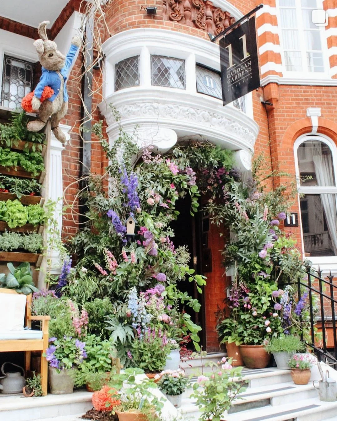 Peter Rabbit-inspired floral display at 11 Cadogan Gardens for Chelsea in Bloom