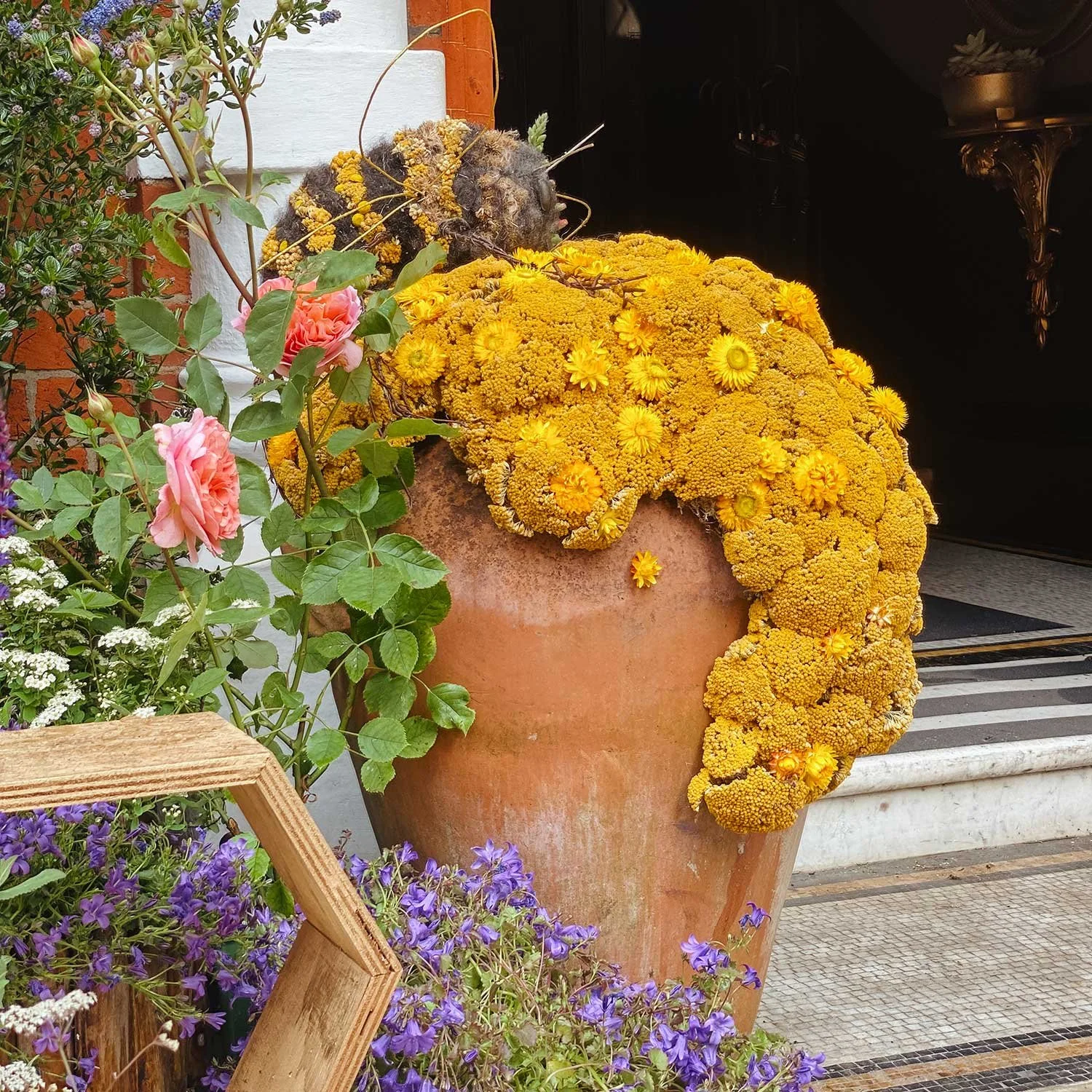 A clever display of yellow flowers made to look like honey at the Chelsea in Bloom 2024 competition.
