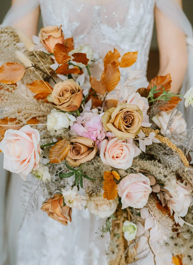 Close-up of romantic floral arrangement styled for a film-inspired shoot