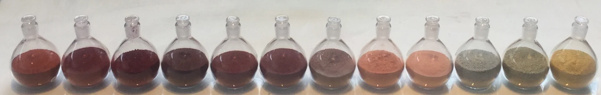 The pigments are kept in this specially made glass bottles and sometimes they are exhibited alongside my works.