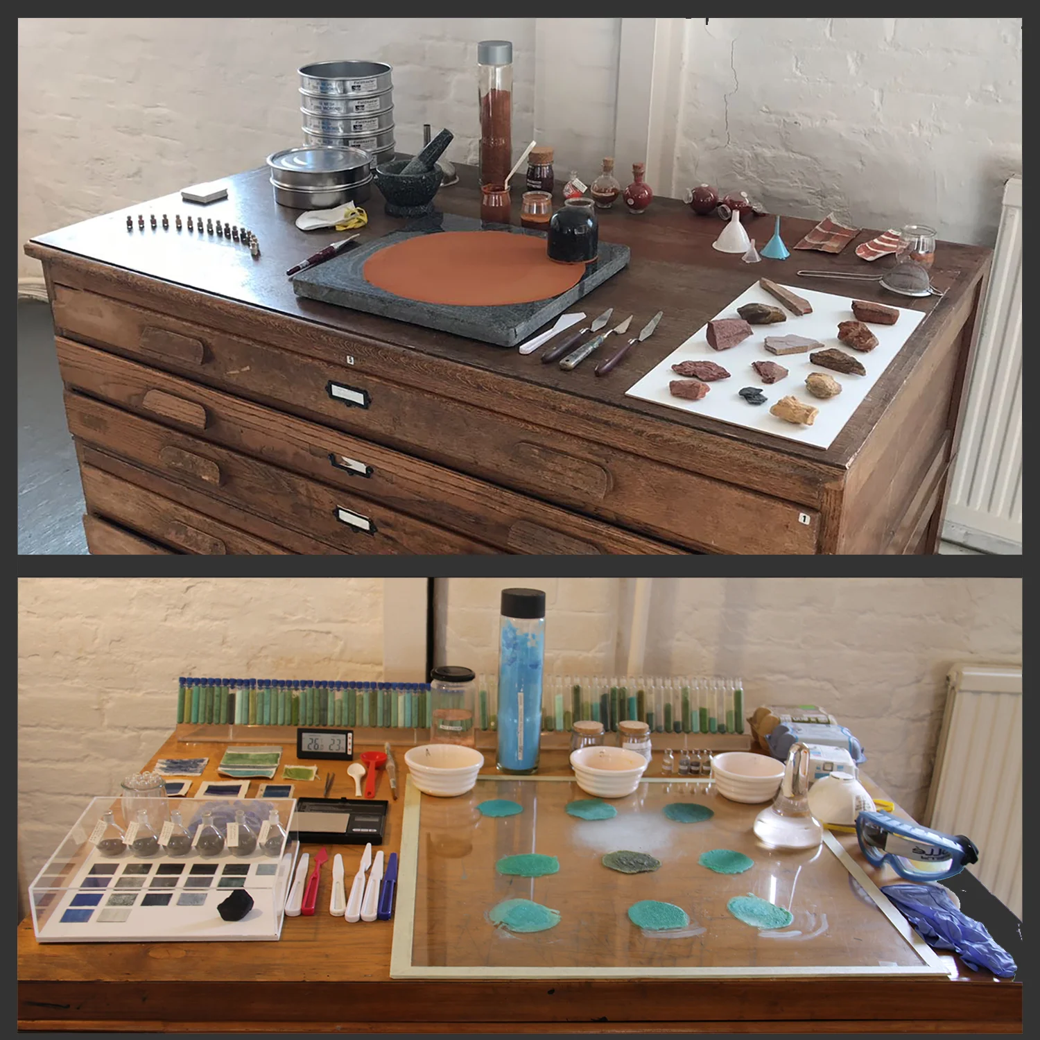 Usually, I display pigment stations in my exhibitions to encourage the viewer to enquire and come close to the natural materials and the process of creating the pigments.