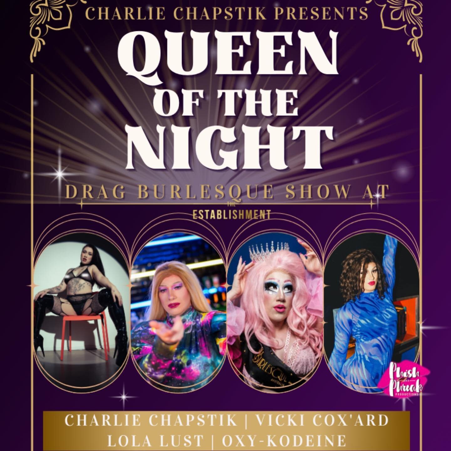 ~ DRAG BURLESQUE SHOW ~ 

Like you&rsquo;ve NEVER seen before!

Reigning queens, queer kings &amp; a raunchy, fabulously fun event for your FRIDAY combined in one package! 

DATE - Fri 4 August | 6pm 
Put your Party Shoes on and book your seat 🪩 

I