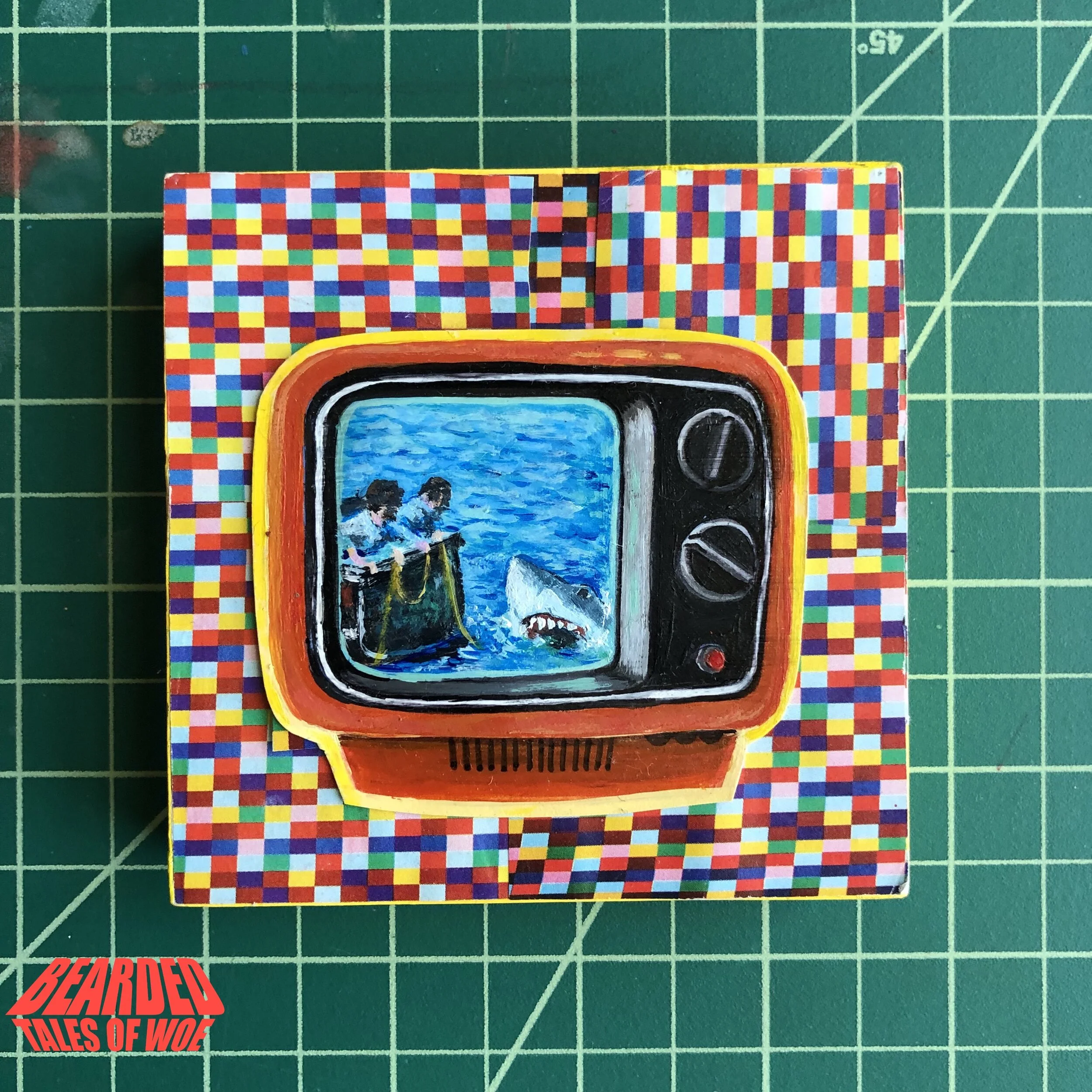  Favorite Films of the 1970’s ,   JAWS 1975, Acrylic &amp; Ink on Bristol, collage on woodblock.  ALIEN 1979, Acrylic &amp; Ink on Bristol, collage on woodblock. 