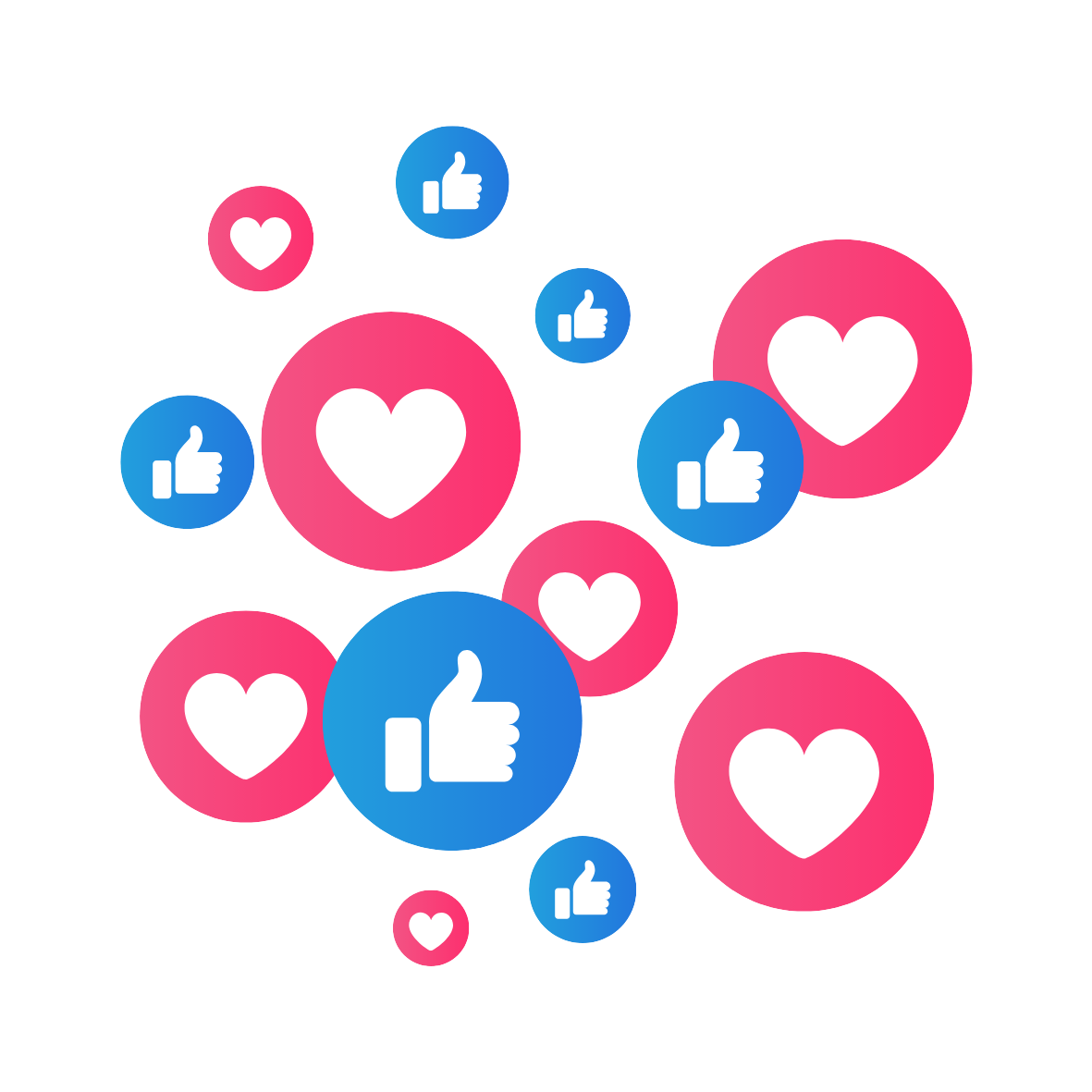Social media icons with hearts and thumbs-up symbols in pink and blue colors.