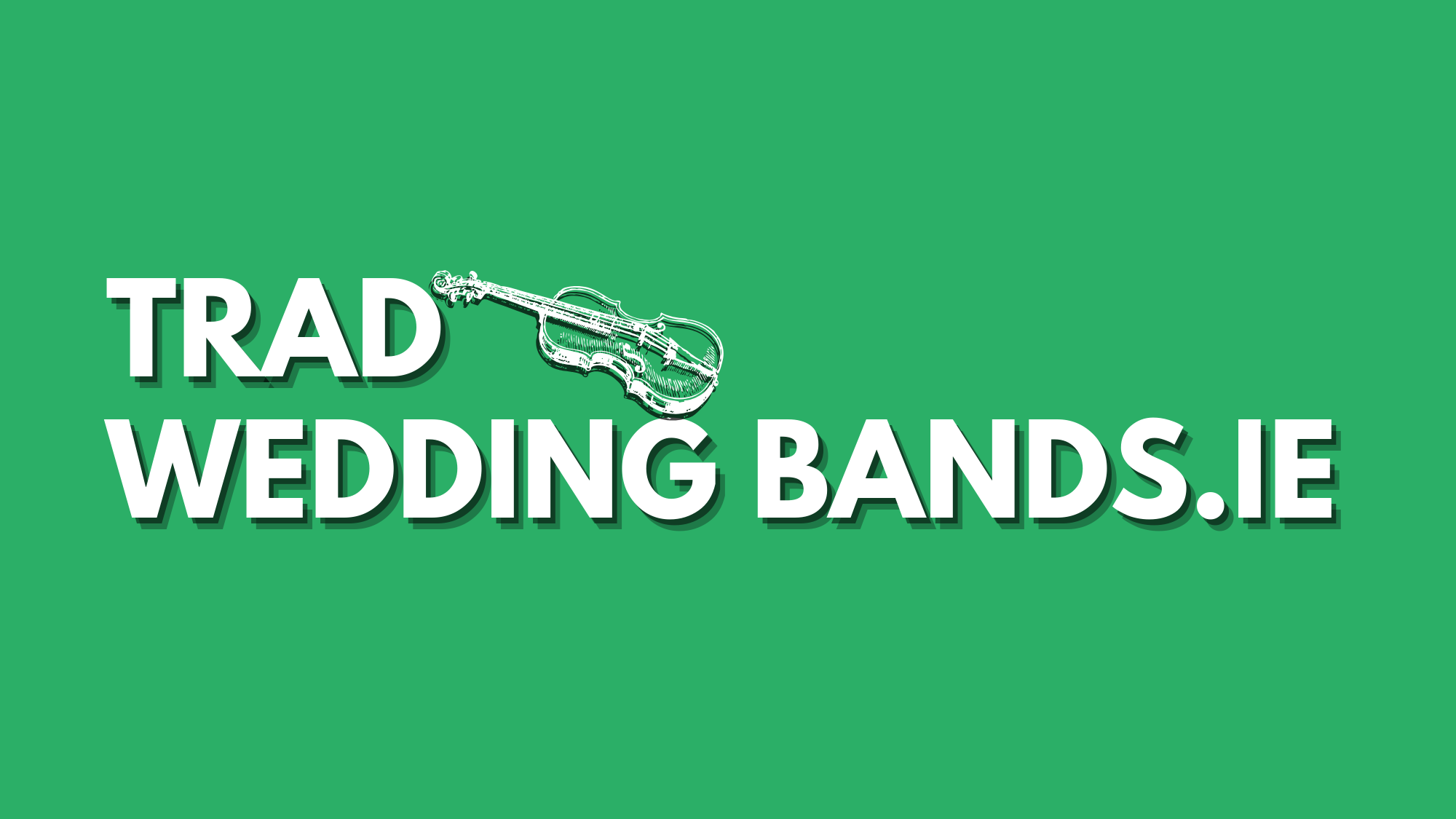 Green background with white text reading "TRAD WEDDING BANDS.IE" and a line drawing of a violin in black and white.