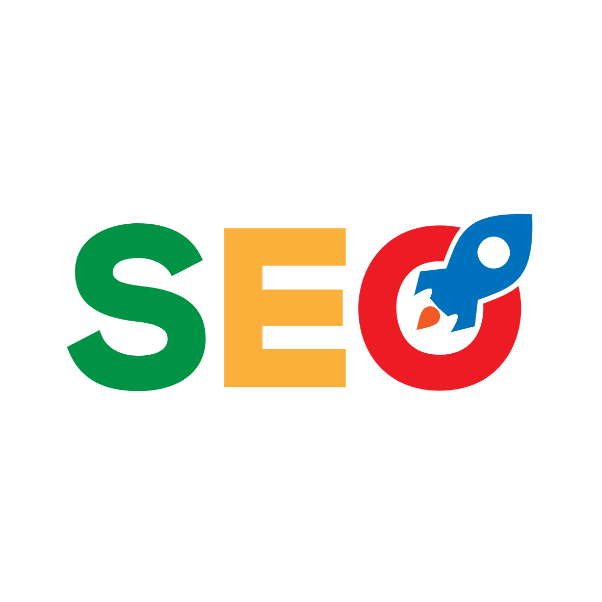 Colorful logo with the letters S, E, and O, where the O is designed as a blue rocket ship with a flame, representing SEO.