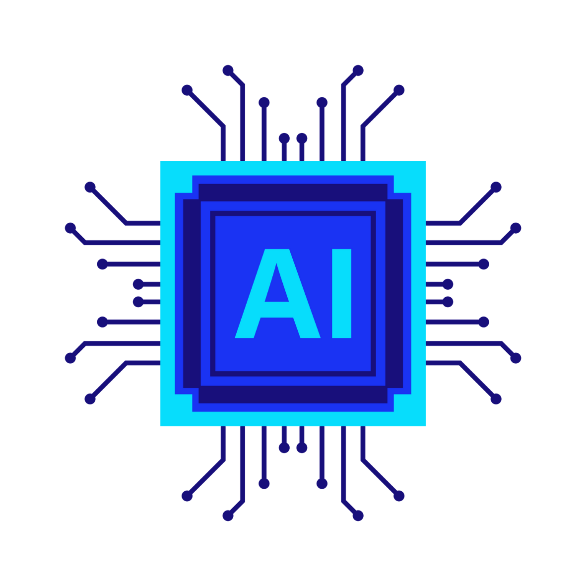 Digital illustration of a computer chip with the letters AI in the center, surrounded by circuitry lines.