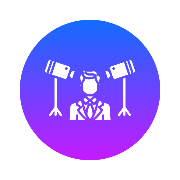 Icon of a person in a suit with two studio lights shining on their head, set against a purple gradient background.