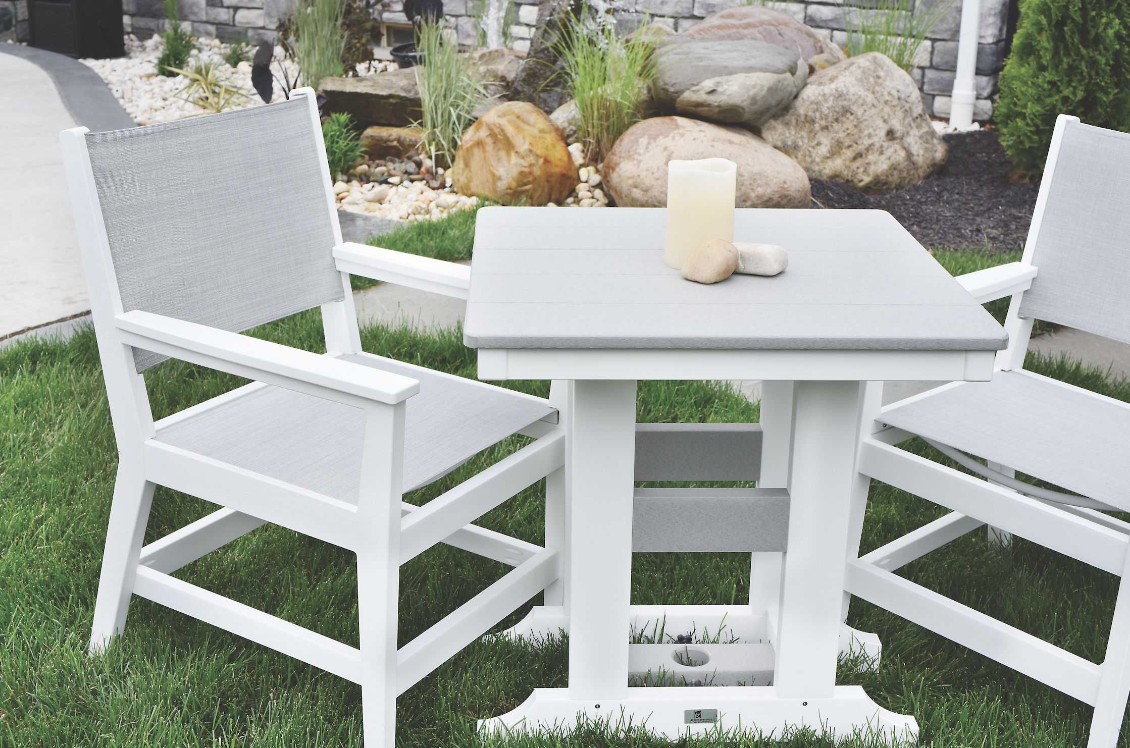  Mayhew sling dining arm chairs in white. Sling in light gray.  Square table in white and light gray. 