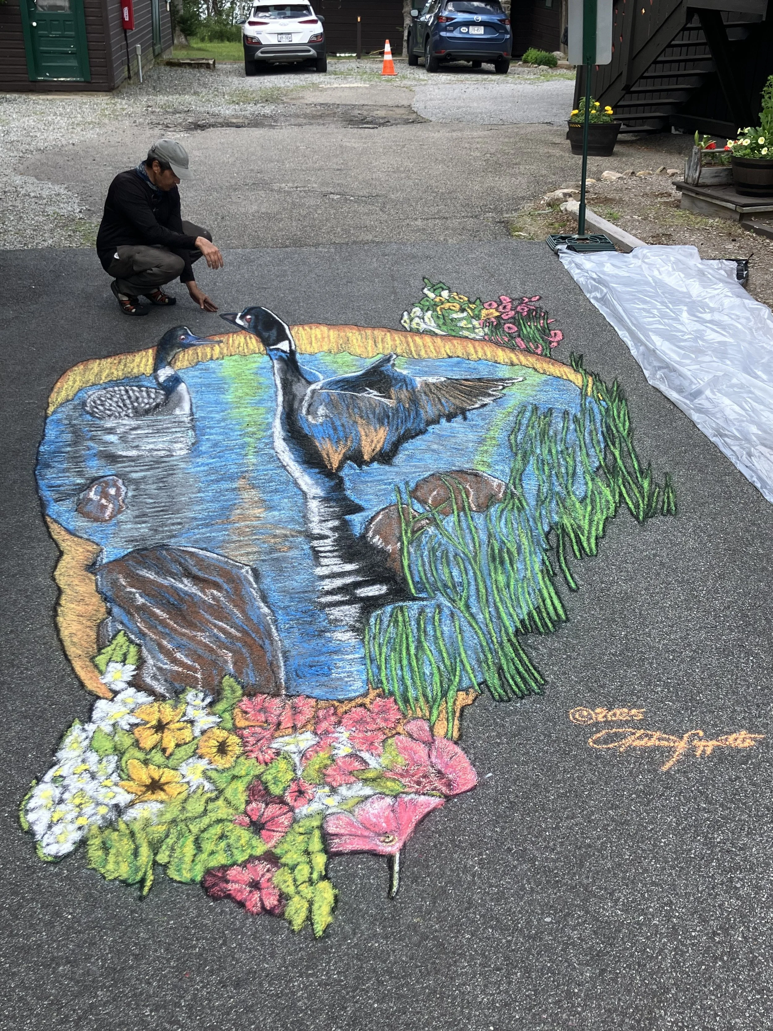  Posing with one of the two loons with this scenic lake themed design for the  Adirondack Lakes Center for the Arts. 