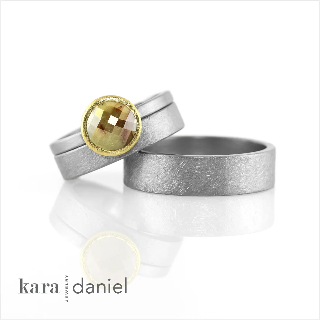 rose-cut diamond engagement ring + rustic finish wedding bands