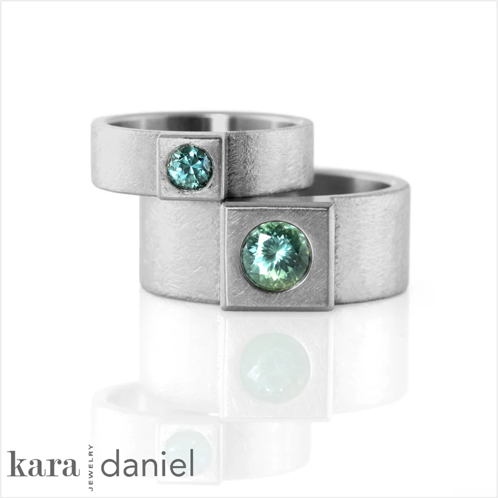 Fair-trade Montana sapphire square-bezeled wedding bands