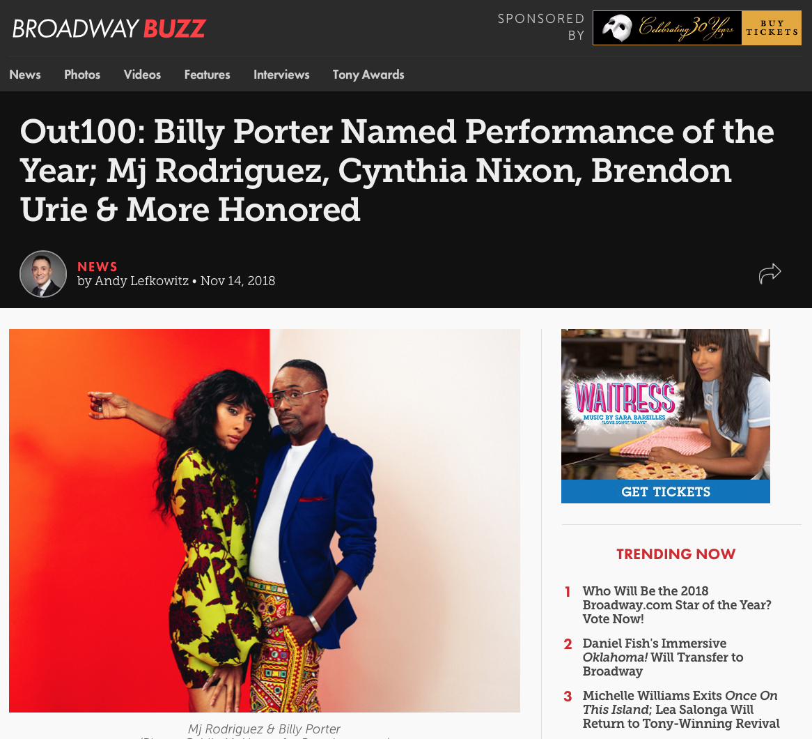 BROADWAY “Notables also include two-time Tony winner and gubernatorial candidate Cynthia Nixon—named Hero of the Year—along with Tony nominee Brendon Urie ( SpongeBob SquarePants , Kinky Boots ), four-time Tony-winning producer Jordan Roth ( Angels in America, Falsettos ), and original Rent star Anthony Rapp.”