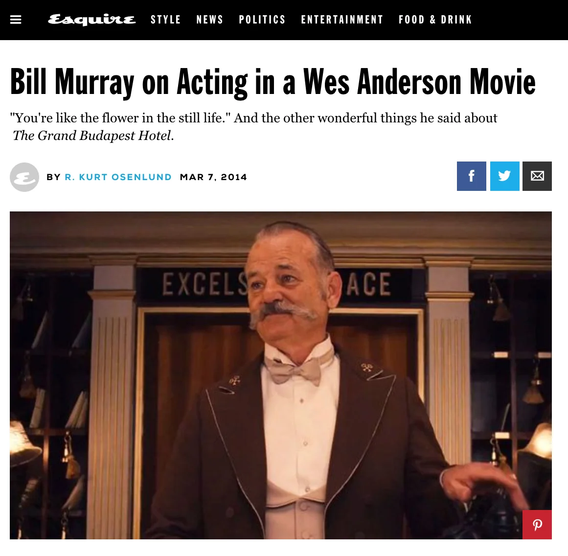 ESQUIRE INTERVIEW, BILL MURRAY (MARCH 2014) “The acting and comedy legend strolls into the room as if someone just kicked him off his couch: flannel shirt, loose jeans made to fit with a cinched belt, sneakers, and an unkempt 'do to rival Bruce Dern's in Nebraska . And through it all, the SNL vet, 63, stands as someone that much more deserving of idol worship.”