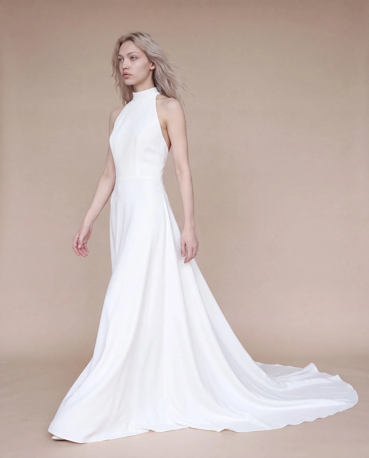 New soft silk satin version of our &lsquo;Willow&rsquo; halter gown with an open back and flowing train. 

Also possible in the original Japanese satin which has a slightly firmer feel.