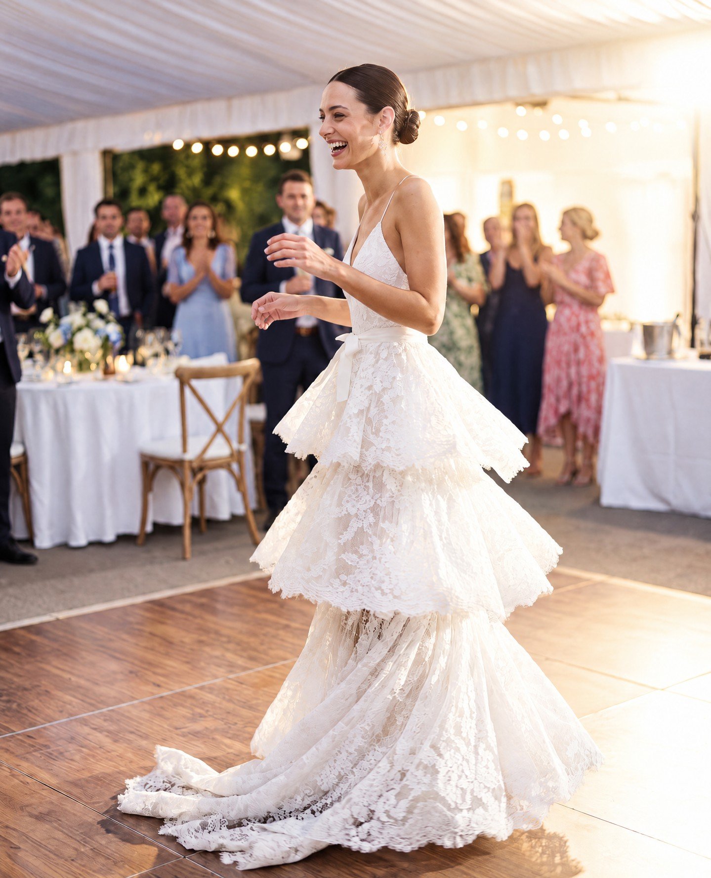 'Kate' from our NOMADS collection is a full lace, layered gown with ballerina top and tiered skirt. 

Unfortunately, we are no longer able to have this particular lace made, which is also the lace from our 'Hannah' gown. 

This means both these dress