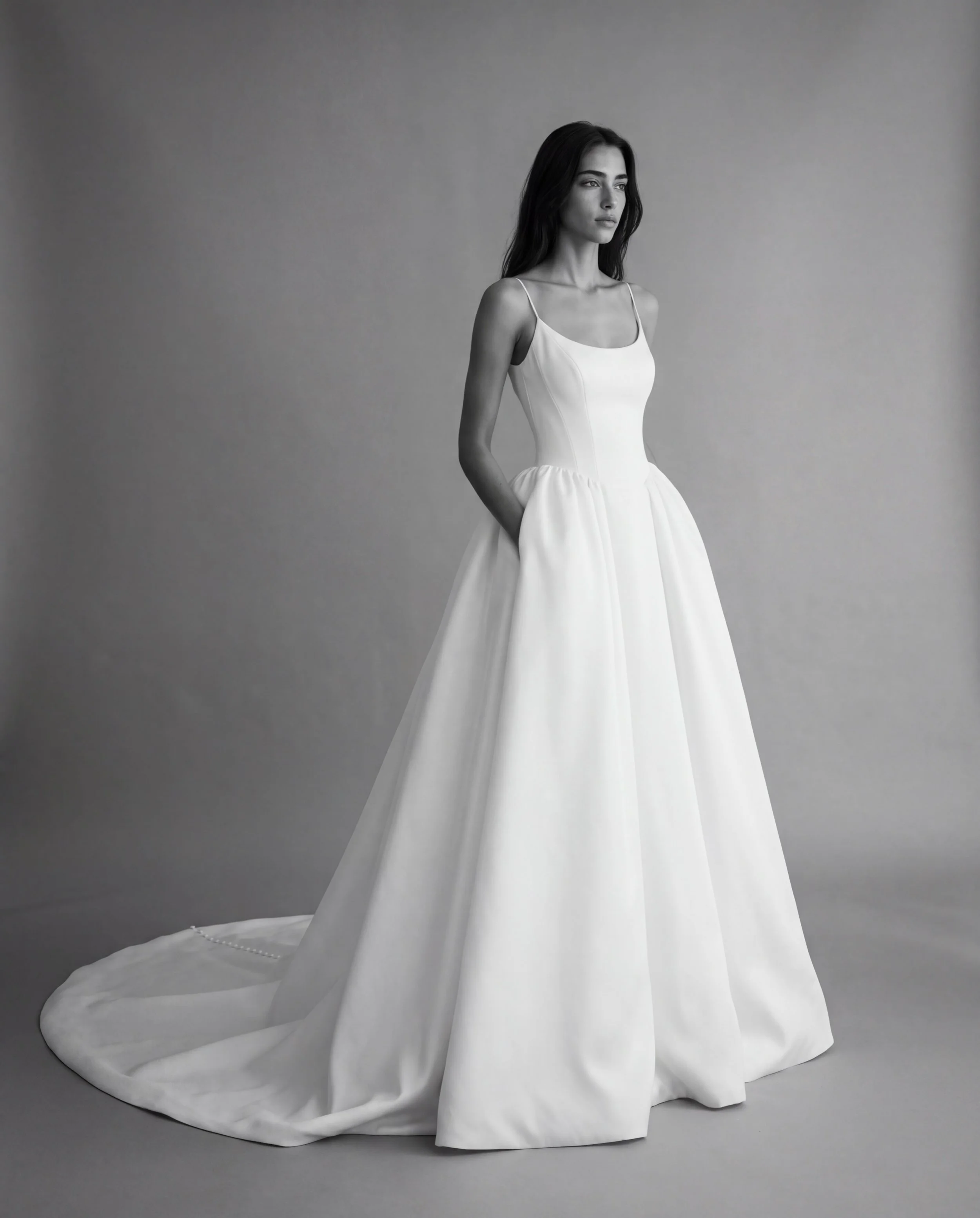 Stunning textured mikado fabric and a gentle scoop neckline and exaggerated a-line skirt. Meet &lsquo;Daphne&rsquo;.