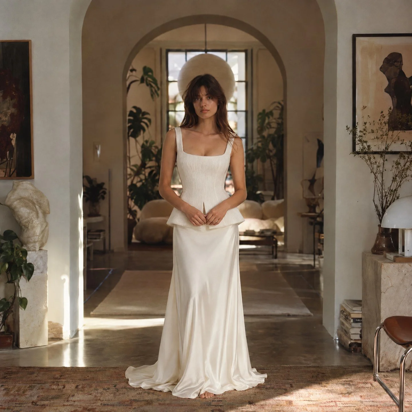 A silk satin bias cut skirt combined with a corset top crafted in a fine pliss&eacute; with peplum form and laced back...
This stunning new look has just arrived din the boutique and we cant wait for our brides to try it!