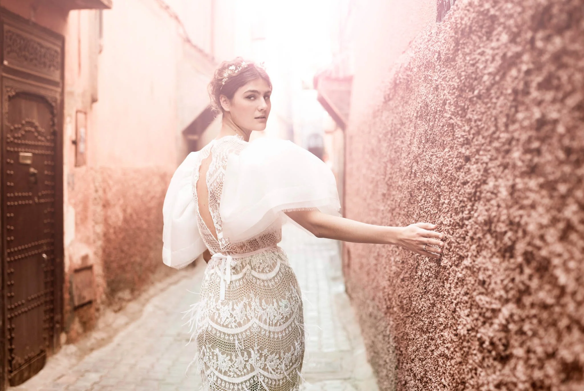 Bride wearing beaded lace wedding gown with oversized silk organza puff sleeves  "Jennifer" by Atelier Edwin Oudshoorn