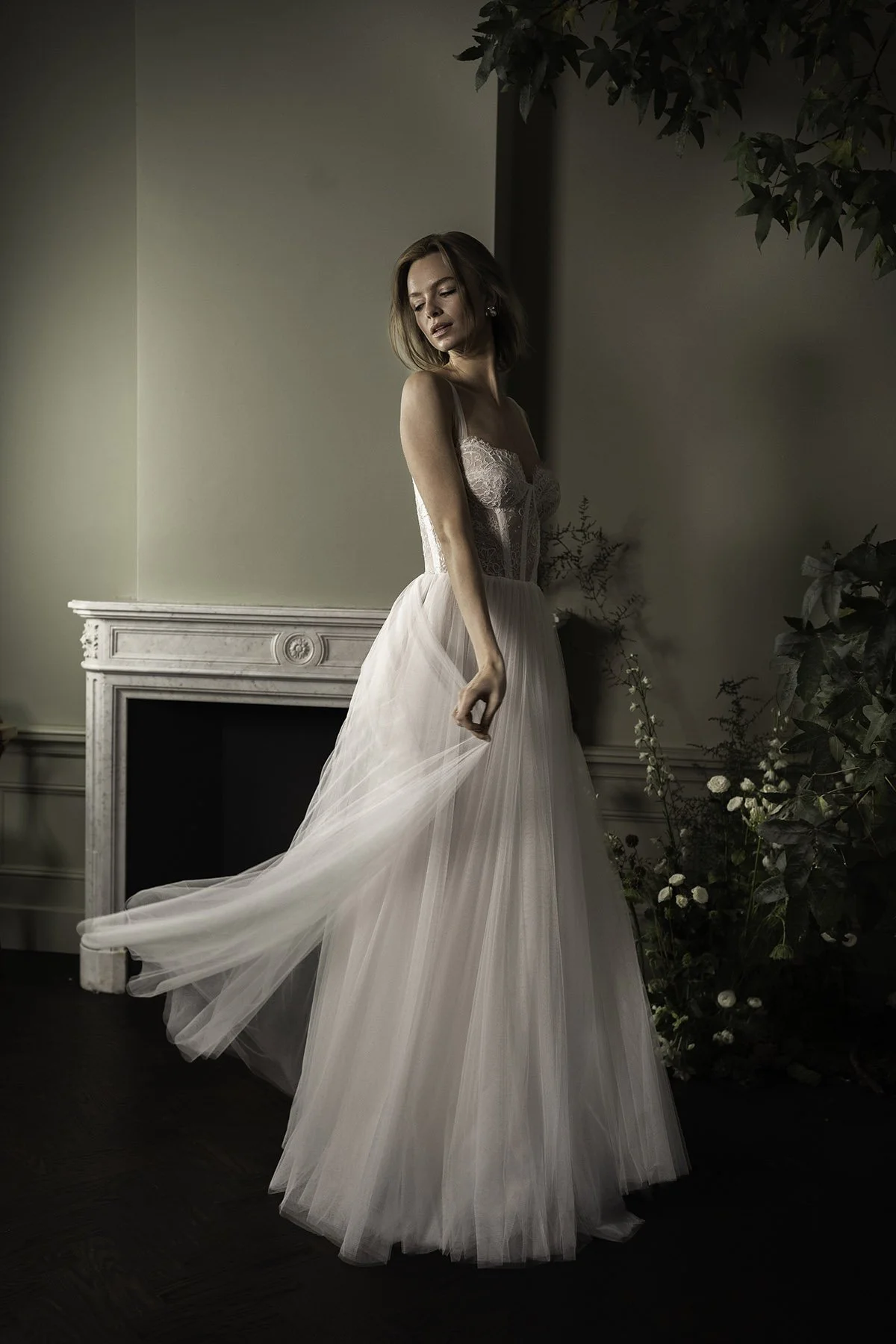 Woman wearing a lace and tulle wedding dress