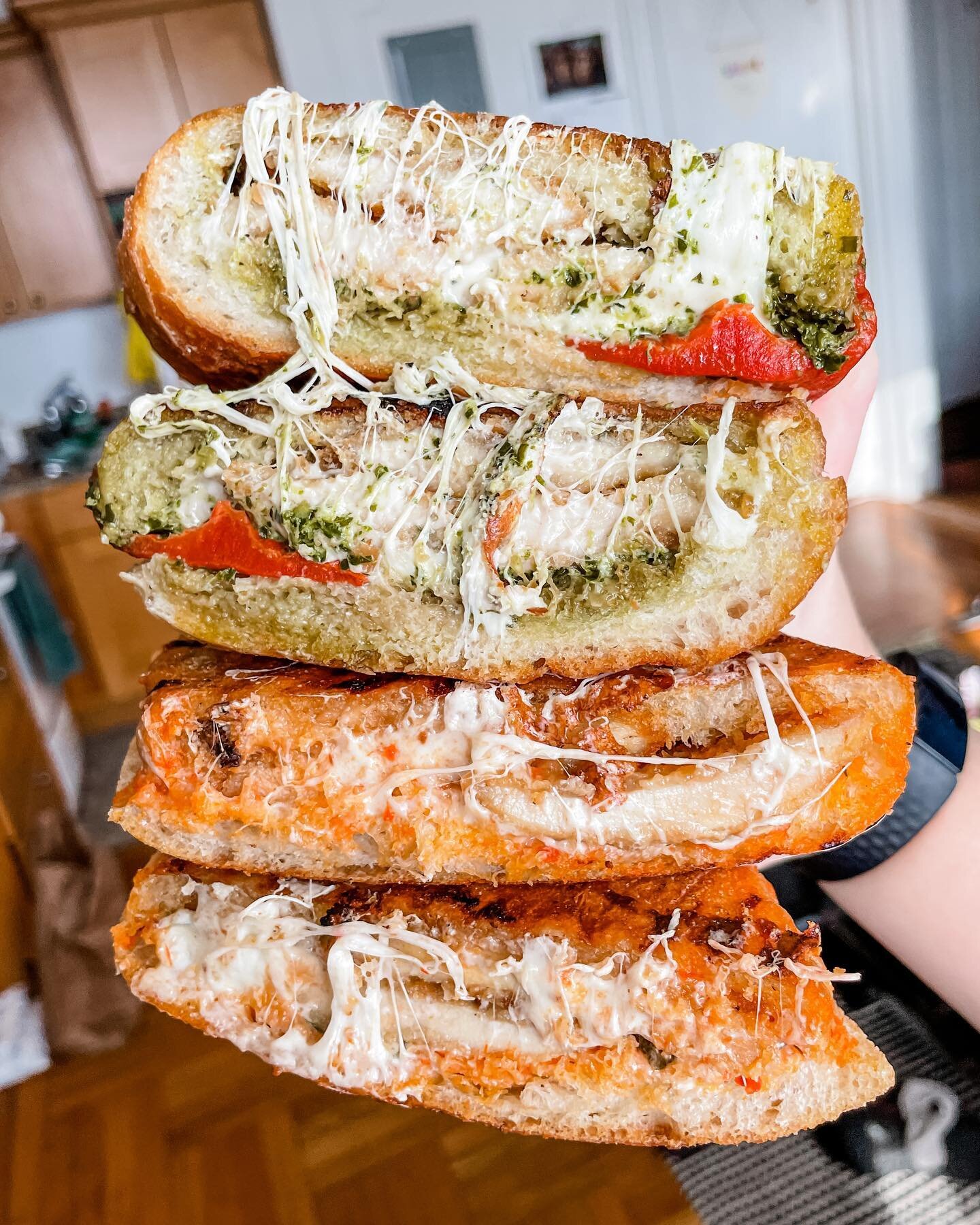 If you can&rsquo;t tell, I&rsquo;ve been on a big sandwich kick lately, and these paninis from @bnaporkstore were an excellent way to continue the streak! 
Which one would you go for?
🔼Chicken Pesto &amp; Roasted Red Pepper
🔽Chicken Parm
.
.
.
.
.
