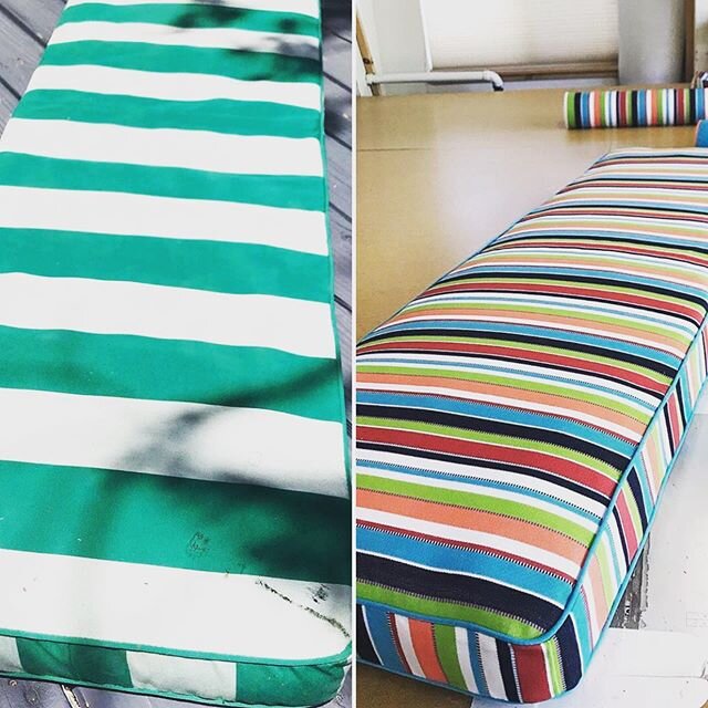 Custom upholstery BEFORE &amp; AFTER. How can we JAZZ up your outdoor living space this summer✨? @kerimarie1229 does it again! #tahoeuoholsteryqueen #stripesfordays #outdoorlivingvibes #tahoemade #madeintahoe #laketahoe #westshoretahoe