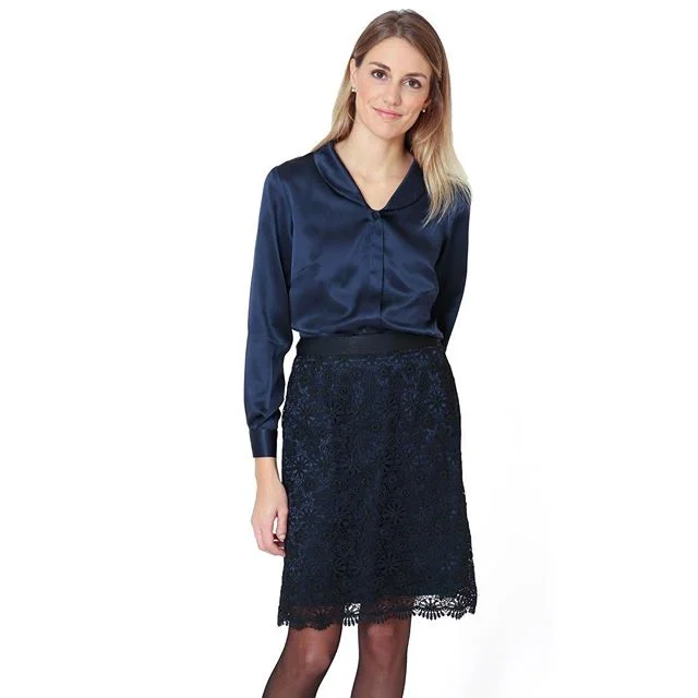 Navy satin blouse &pound;430 / Navy satin lined, black lace skirt &pound;450