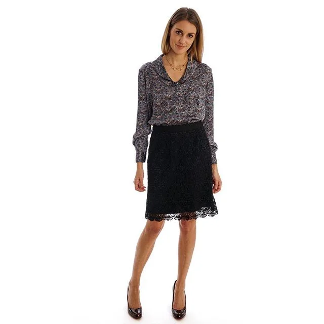 Navy blue print, satin blouse &pound;430 / Navy satin lined, black lace skirt &pound;450