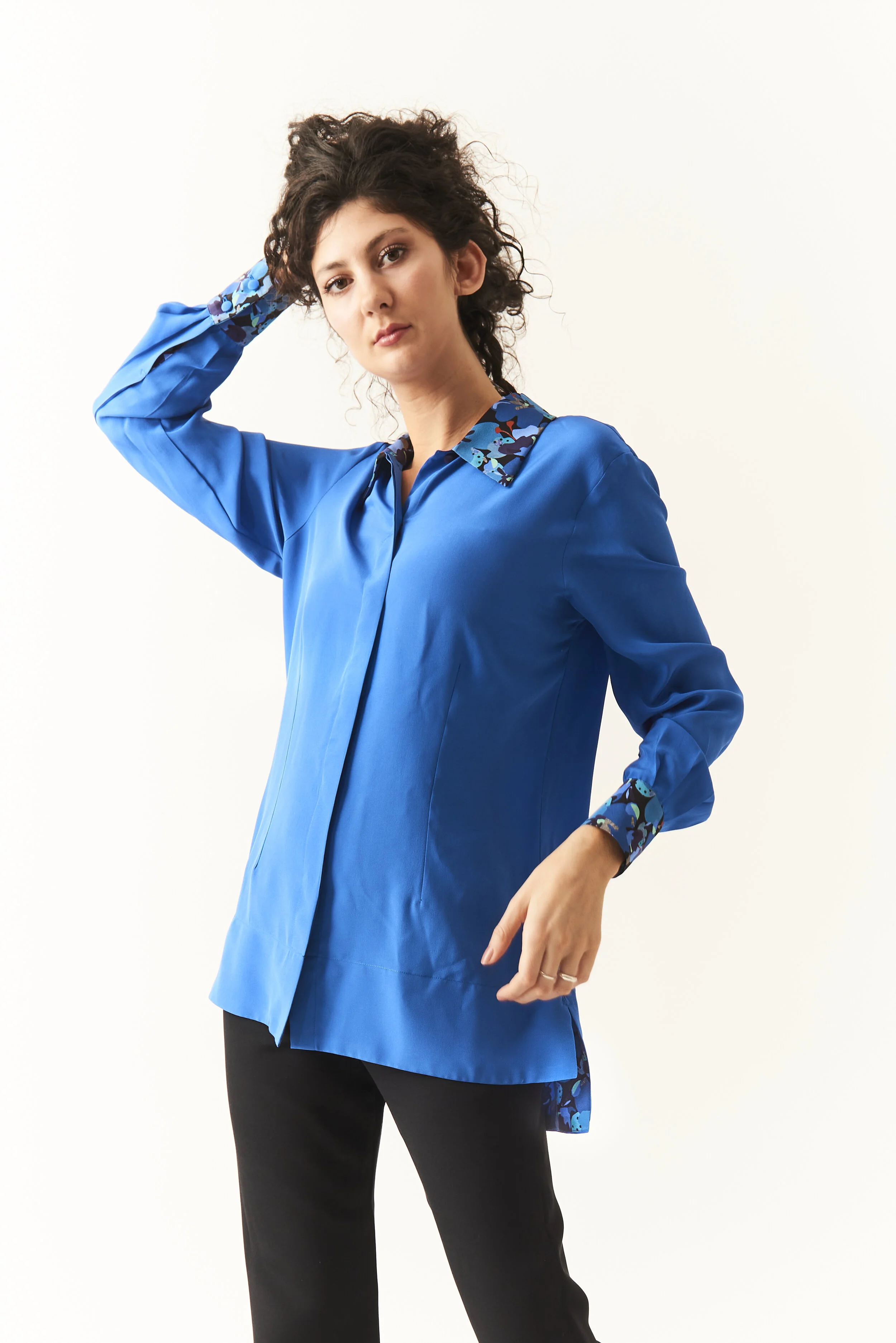 Electric blue silk crêpe blouse with floral trims £450