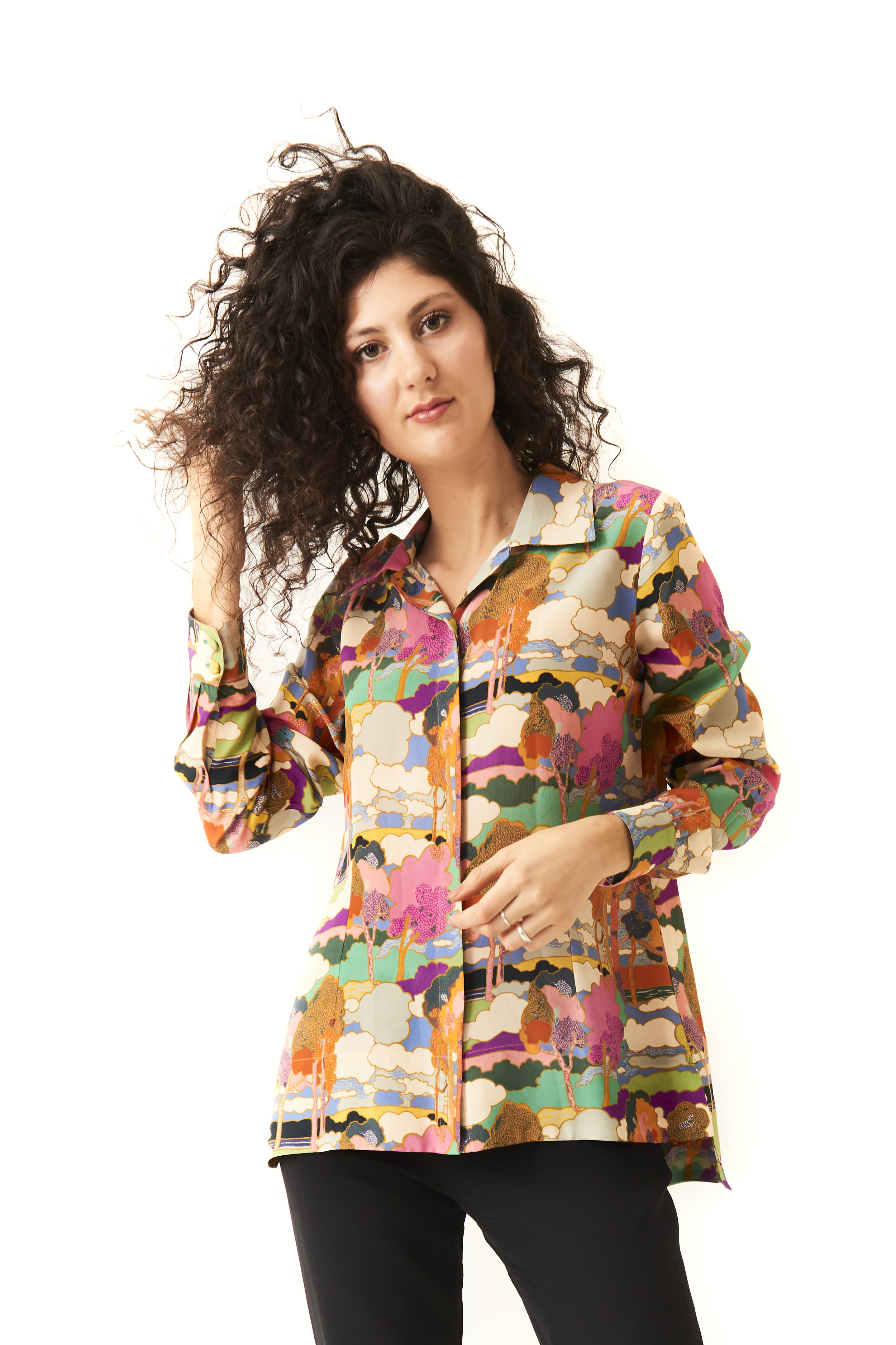 Multicoloured Japanese print silk crêpe blouse £450
