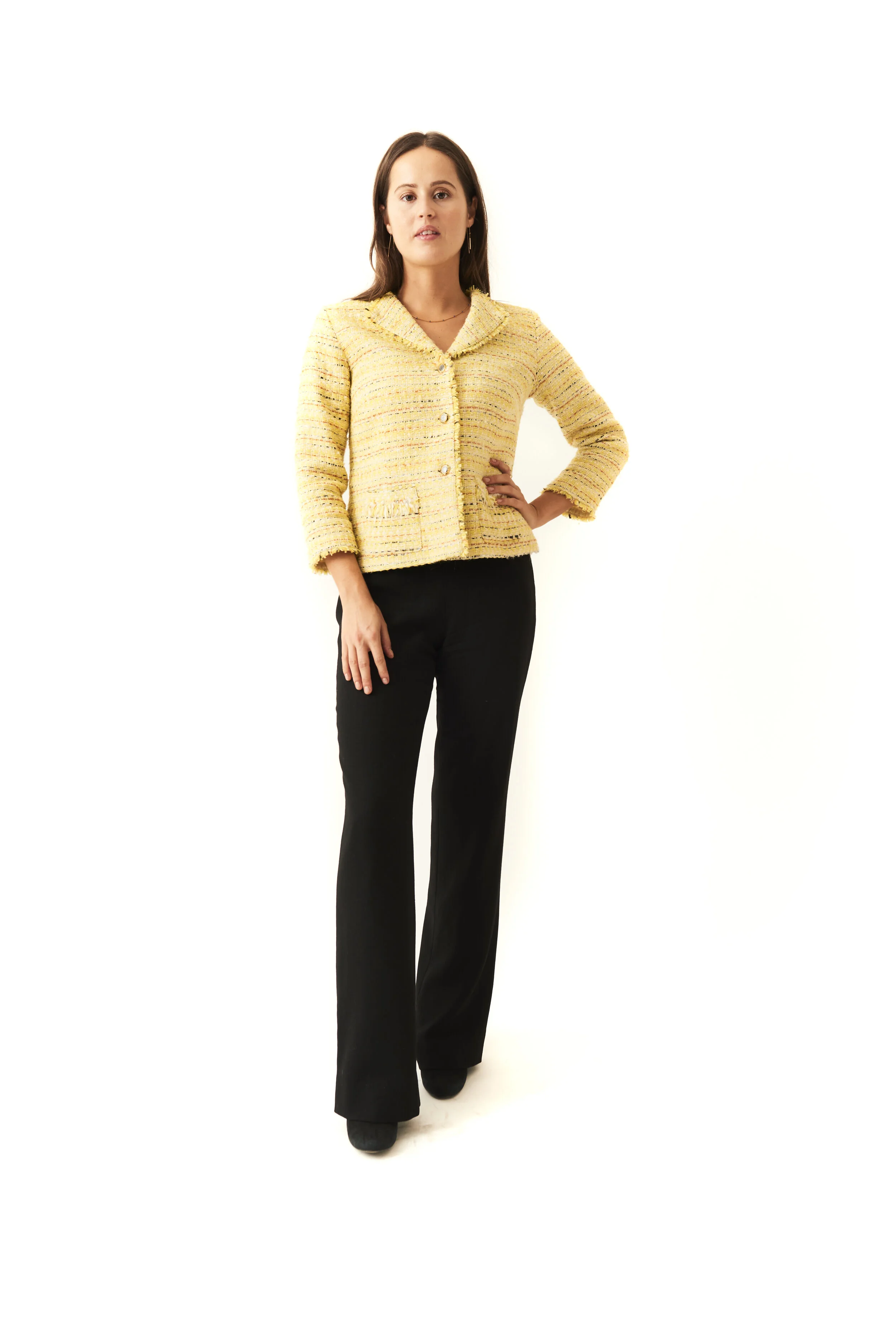 Alpaca, mohair &amp; wool fringed jacket (av. brown and blue) £650 Black silk crêpe flared trousers £410