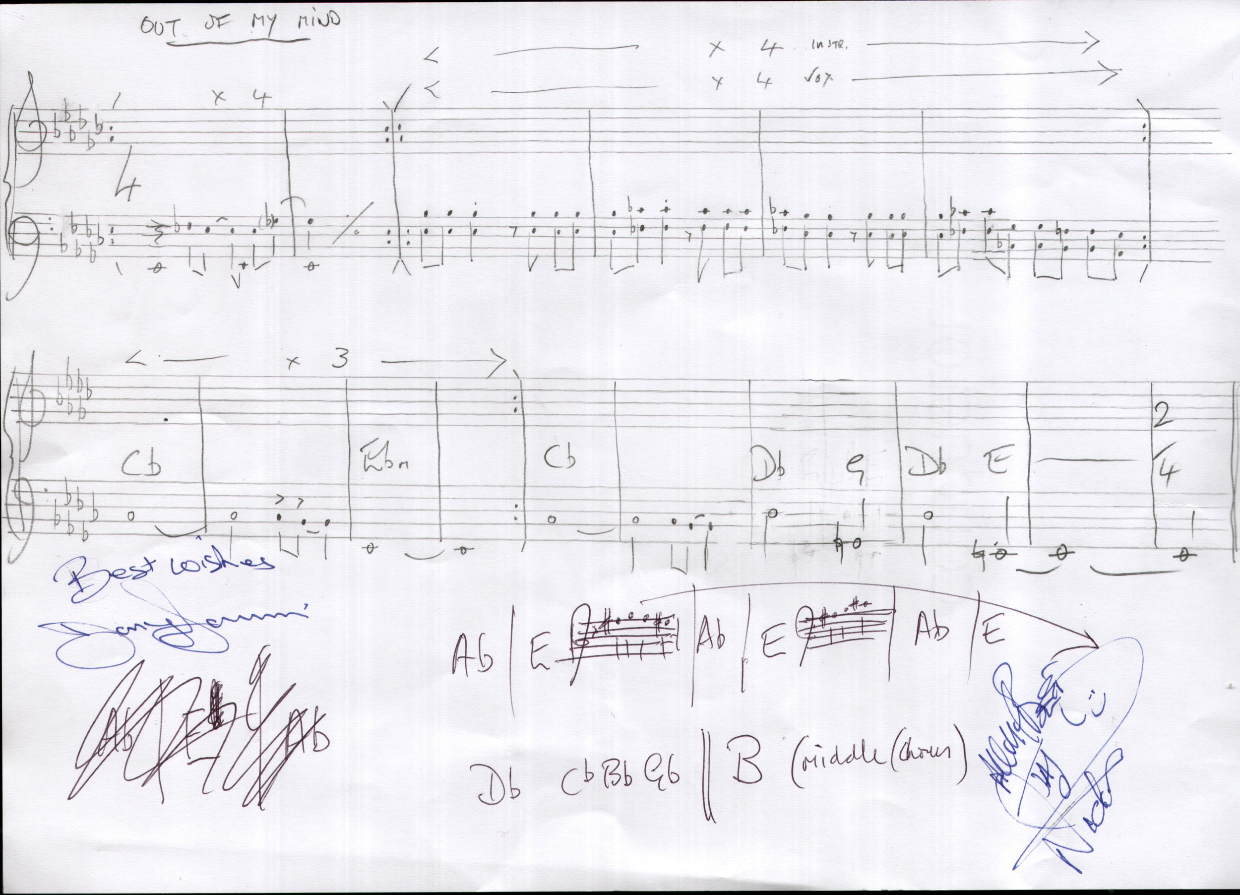 Jon Lord's handwritten score for "Out Of My Mind"