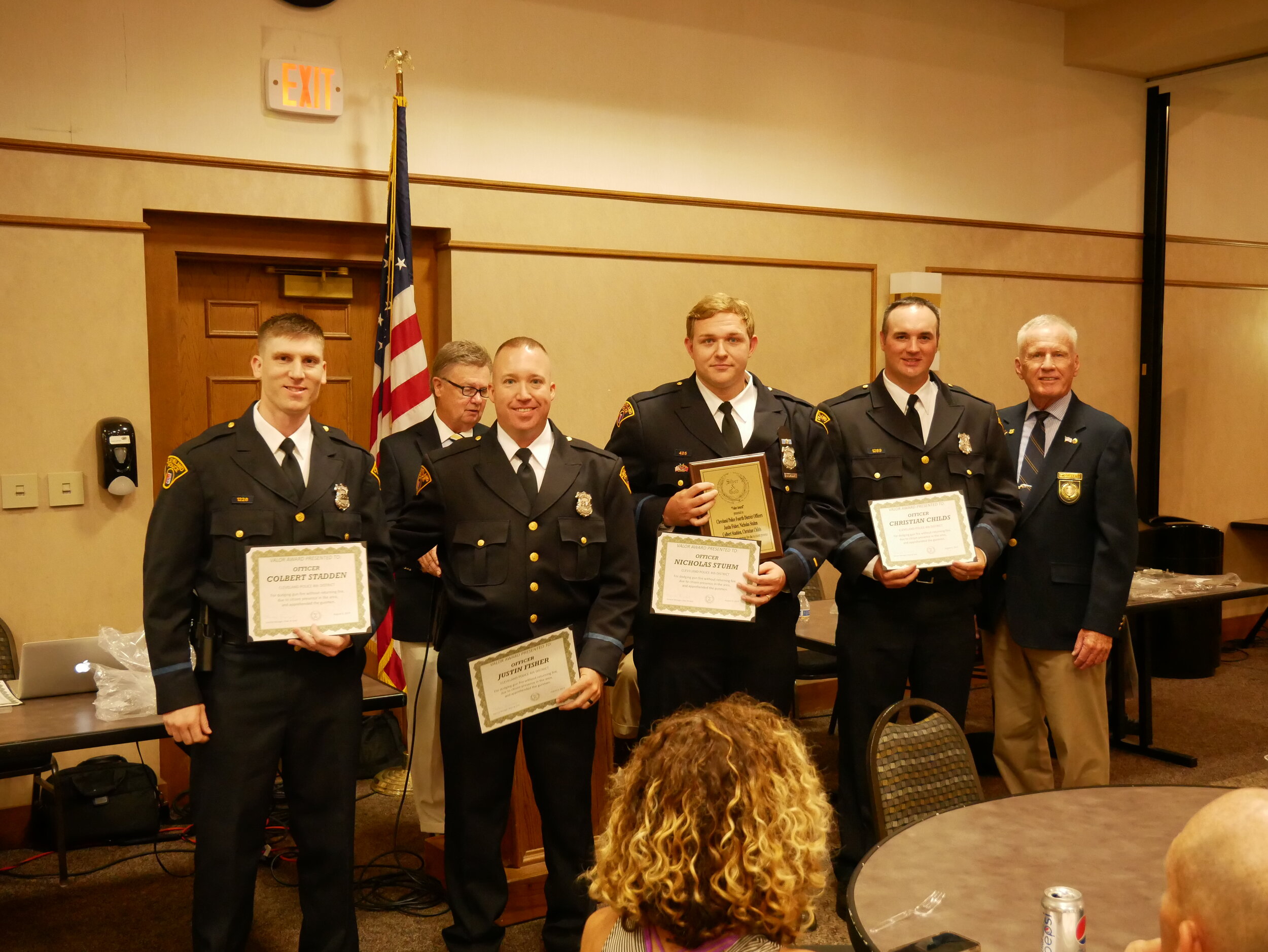  Cleveland Police 4th District Officer’s Colbert Stadden, Justin Fisher, Nicholas Stuhm, and Chiatian Childs received the Valor Award for dodging gun fire without returning fire due to large numbers of innocent civilians in the area while still appre