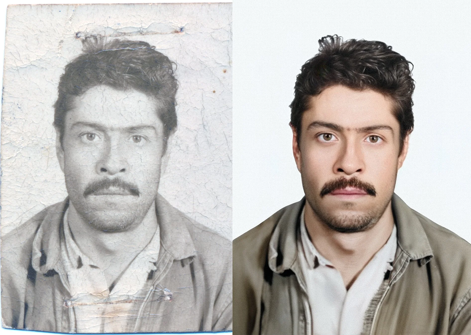 Comparison of an old black-and-white, cracked photograph of a man with short, wavy hair and a mustache on the left, and a modern color portrait of the same man with similar hairstyle and facial features on the right.