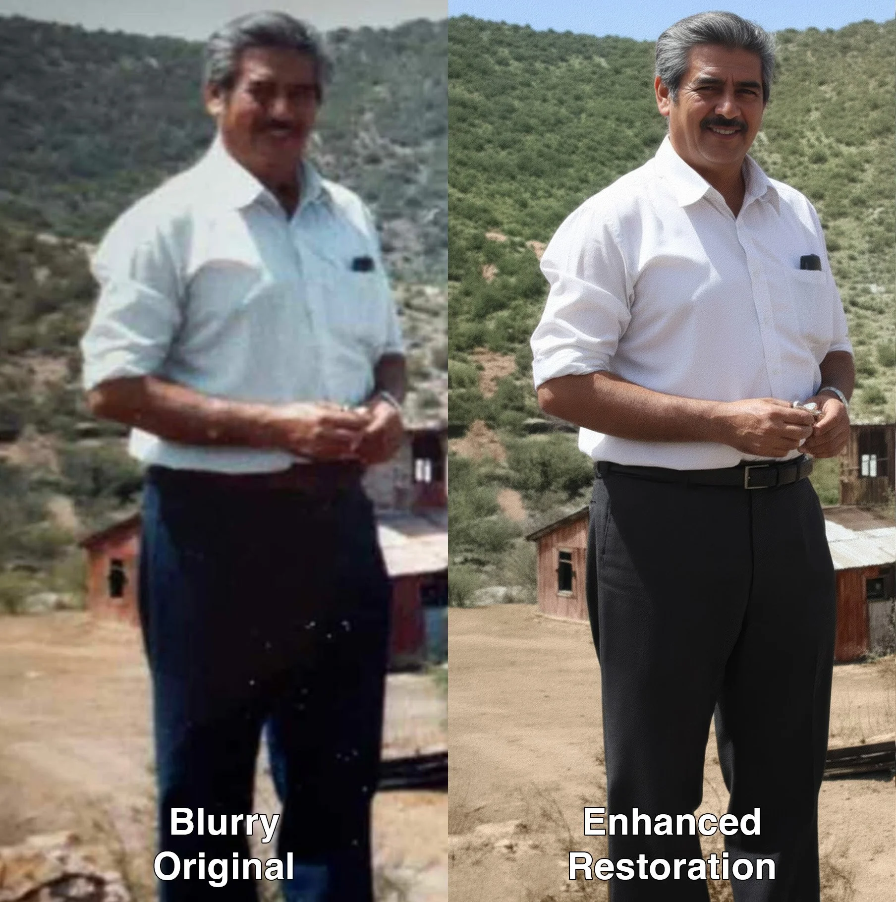 Side-by-side comparison of a man in a white shirt and dark pants, with a rural landscape in the background. The left image is blurry and labeled 'Blurry Original,' while the right image is clear and labeled 'Enhanced Restoration.'