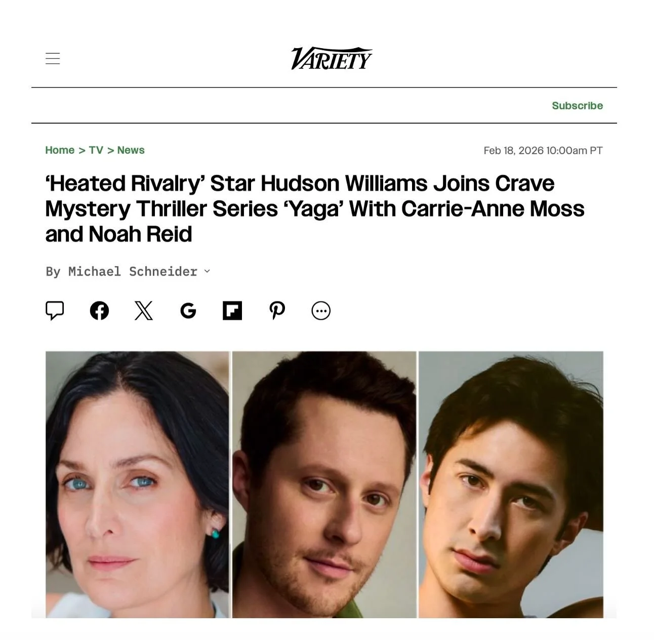 Fans of @hudsonwilliamsofficial have something to look forward to! @cravecanada @yagacrave
 
From @variety:
 
Heated Rivalry&rdquo; star Hudson Williams isn&rsquo;t straying too far from Crave, signing on to star in the Bell Media-owned Canadian stre