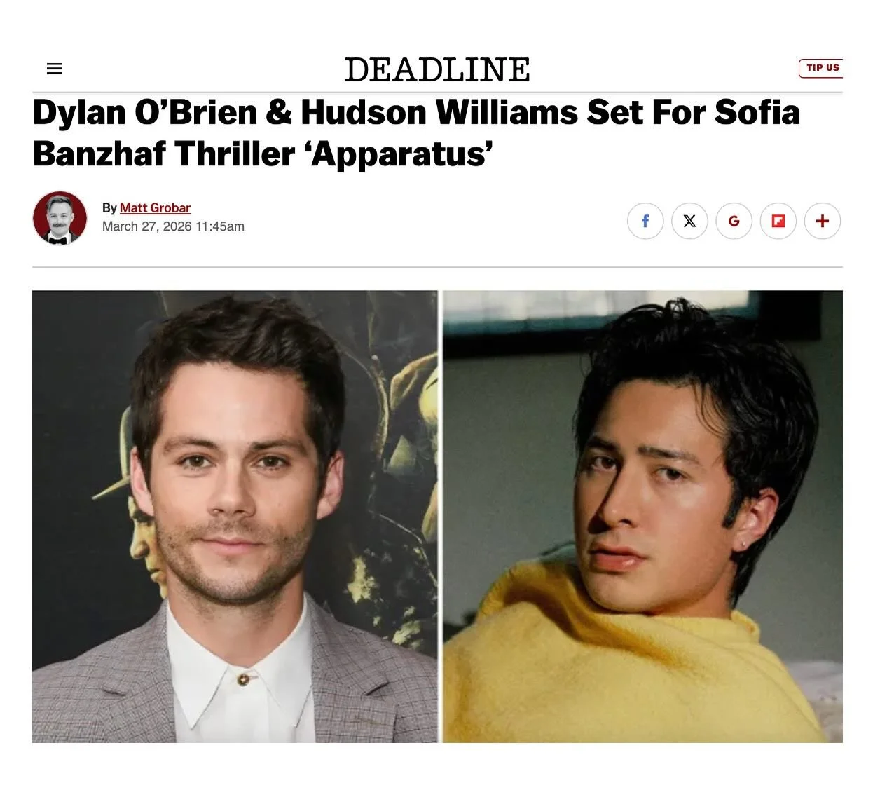 An exciting upcoming project for Hudson Williams ( @hudsonwilliamsofficial ) alongside Dylan O&rsquo;Brien.
 
From @deadline
 
Dylan O&rsquo;Brien (Twinless) and Hudson Williams (Heated Rivalry) have signed on to star in Apparatus, a darkly comedic t