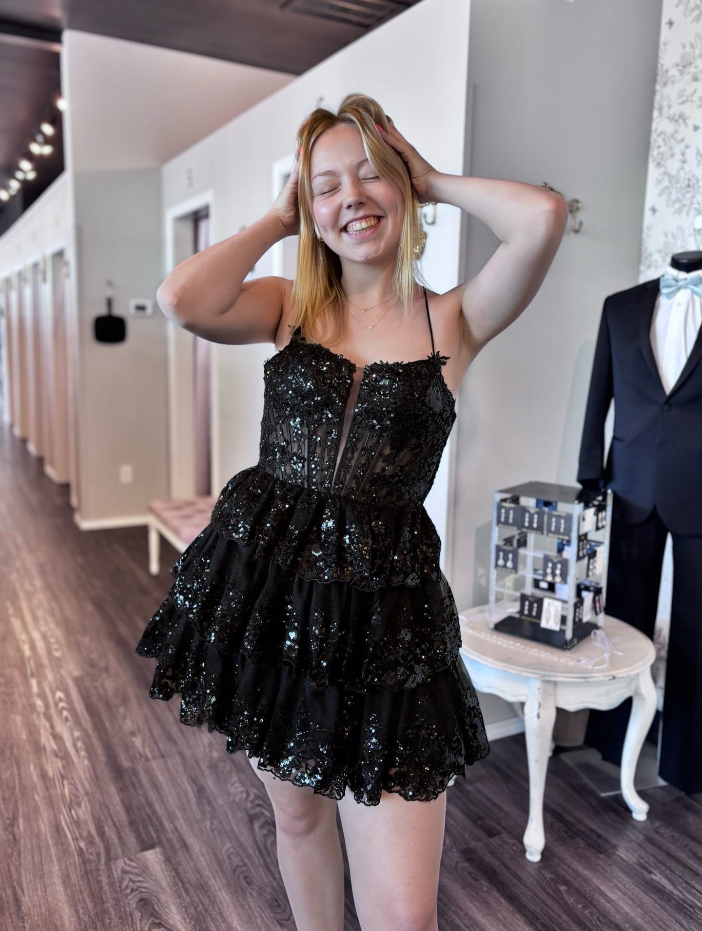 New Shop Fav Unlocked ✅🗝️✨ How stunning is this new homecoming dress!? 

The black, the ruffles, the sparkles&hellip; it&rsquo;s everything!! 🖤

#believe #believeprom #hoco #hoco2025 #homecomingdress #hocodresses #homecoming #blackhomecomingdress #